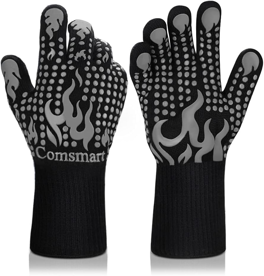 Comsmart BBQ Gloves, 1472 Degree F Heat Resistant Grilling Gloves Silicone Non-Slip Oven Gloves Long Kitchen Gloves for Barbecue, Cooking, Baking, Cutting(Gray)