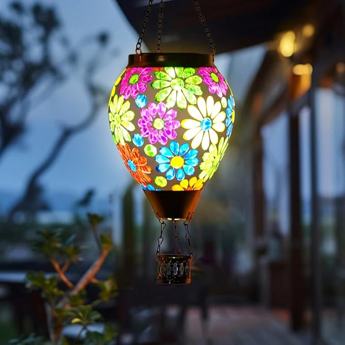 Starsoul Mosaic Flowers Hot Air Balloon Solar Lantern Glass Outdoor Hanging Hot Air Balloon Solar Flickering Flame Light Waterproof Garden Patio Yard Party Decorations