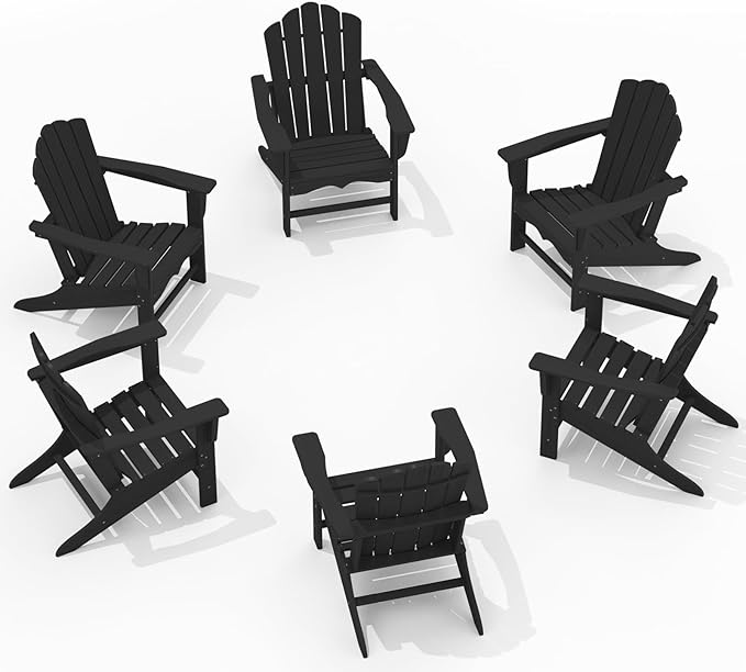 KINGYES HDPE Adirondack Chair, Classic All-Weather Adirondack Chair Set of 6, Black