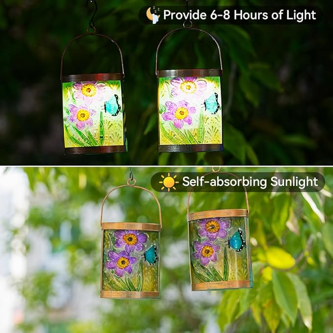 Starsoul 2 Pack Hanging Solar Lantern Outdoor Waterproof Glass Butterfly and Flowers Decorative Solar Lights for Outside Garden Yard Table Patio Decor
