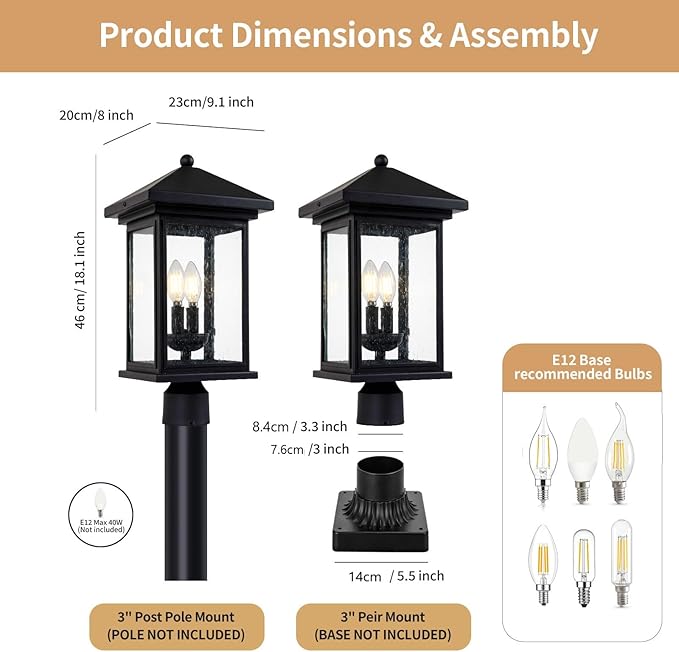Outdoor Post Light, Waterproof Pole Lantern Lighting Fixture with Tempered Clear Seeded Glass, Matte Black Finish for Outdoors (Large Post Light)