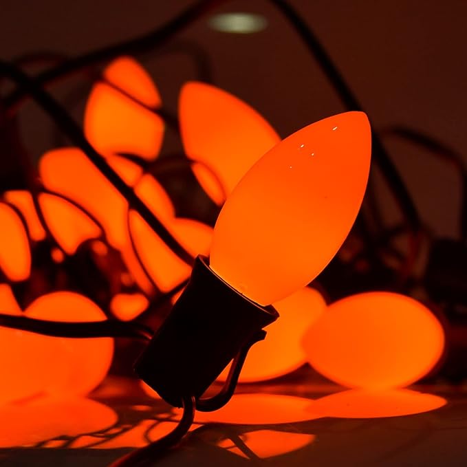 25Ft Halloween Ceramic String Lights, C9 Opaque Orange String Lights with 25 Vintage Bulbs, Outdoor Hanging Lights for Halloween Party Christmas Tree Prom Decor, 7W, C9/E17 Base, Black Wire