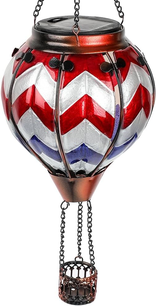 Hot Air Balloon Solar Lantern with Flickering Flame, Glass Hanging Garden Lights Outdoor Waterproof for Tree Yard Patio Mother's Day Gift, 18" H Wavy-Blue Red White