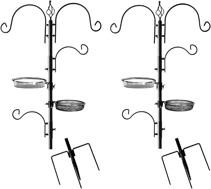 Ashman Deluxe Bird Feeding Station (2 Pack) for Outside - Multi Feeder Pole Stand Kit With 4 Hangers, Bath and 3 Prong Base for Attracting Wild Birds - 22 Inch Wide x 92 Inch Tall