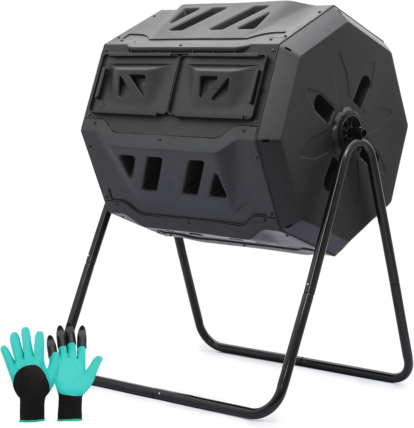 Magshion 43 Gal Chamber Compost Tumbler Outdoor Tumbling Composting Bins High Volume Garden Composter w/Dual Chamber Sliding Doors for Gardening, Black Sliding Doors