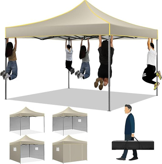 COBIZI 10x10 Heavy Duty Pop up Canopy with 4 Removable Sidewalls, Canopy Tent with Portable Bag, Ez Pop up Tent Commercial Gazebo Waterproof Sunshade for All Weather Party Camp Stall Patio,Khaki