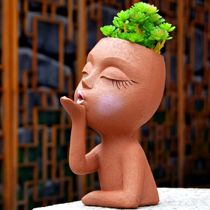 Face Planter, Head Planter, Women Faces Flower Pots, Plant Pots, Small Kissing Succulent Pots for Indoor Outdoor Plants, Cute Vase Home Decor, Brown