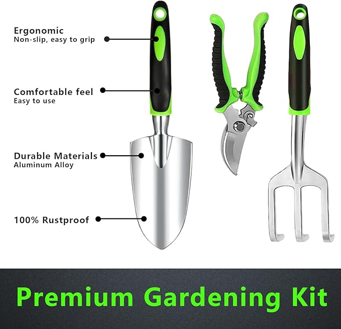 Gardening Tools - 11Pcs Heavy Duty Garden Tool Set with Non-Slip Rubber Grip,Aluminum Alloy Starter Kit with Garden Bag, Durable, Ergonomic, Ideal Gardening Gifts for Women, Mom, Men