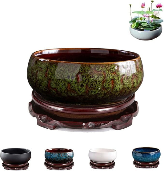 Lotus Bowl Planter, Lotus Bowls for Planting in Water Indoors,6.5-inch Round Succulent Flower Pot with Rotating Bracket, Leak-Proof Design, Suitable for hydroponic Plants, Succulents (Green)