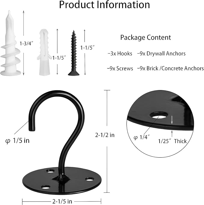 Ceiling Hooks for Hanging Plants-Heavy Duty Wall Mount Hanger Bracket for Hanging Bird Feeders, Lanterns, Wind Chimes, Planters, Outdoor Decoration (3 Pack) (Black)