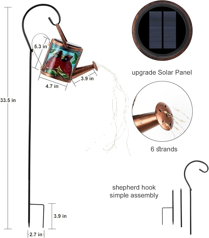 Larekook Solar Outdoor Watering Can Lights Decorative Path Lights, Metal Glass Solar Garden Light Outdoor Waterfall Decor Ornament for Yard Lighting Outside Cardinal