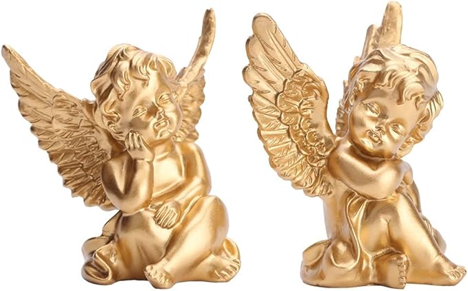 orenm 2 Pack Resin Cherubs Gold Angel Statue Figurine, Garden Sleeping Cherub Statue Sculpture Indoor Outdoor Home Decoration, Cute Adorable Angle Sculpture Memorial Statue(4" Height) (Gold)