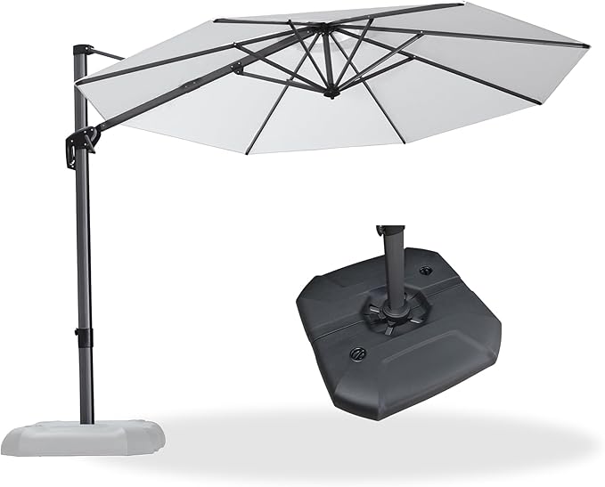 PURPLE LEAF 10 Feet Patio Umbrella with Base Outdoor Cantilever Round Umbrella Aluminum Offset Umbrella with 360-degree Rotation for Garden Deck Pool Patio Light White