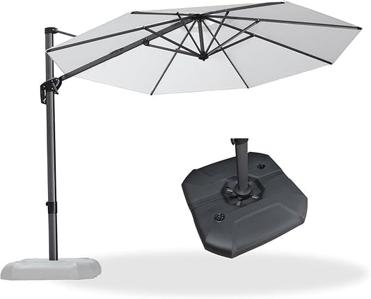 PURPLE LEAF 10 Feet Patio Umbrella with Base Outdoor Cantilever Round Umbrella Aluminum Offset Umbrella with 360-degree Rotation for Garden Deck Pool Patio Light White