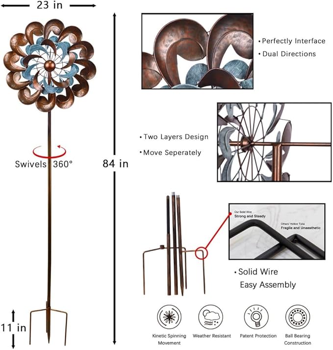 Wind Spinner Outdoor Garden Decor, Wind Spinners for Yard and Garden, 84 inch Copper Wind Sculptures & Spinners for Yard Decorations - Larger Spinners
