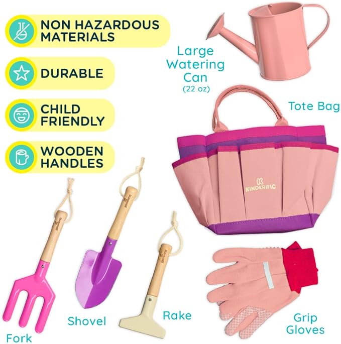 Gardening Set, Tool Kit, for Kids, STEM, Includes Tote Bag, Spade, Watering Can, Rake, Fork, Trowel and Gloves (Princess Pink)