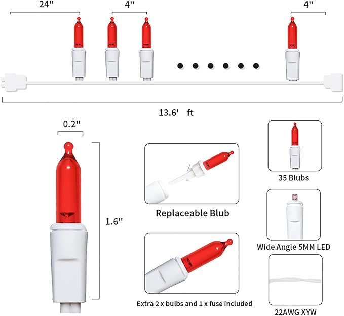Red LED Christmas Lights - 35 Count Red Christmas String Lights for Small Tree, Crafts, Bedroom, Wedding, Indoor and Outdoor Valentines Day Decorations, 11 Feet White Wire, UL Certified, Connectable