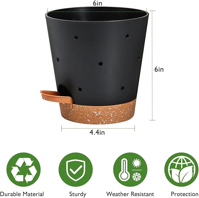 Orchid Pots with Holes, 6 Inch Self Watering Orchid Pot 2 Pack Plastic Plant Pots for Orchid, Flower (Black+Brown)