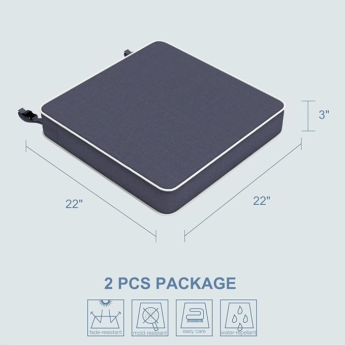 LVTXIII Patio Chair Cushions 22"x22"x3", Water-Repellent Outdoor Seat Cushions for Patio Furniture, Square Chair Pads with Ties for Home Garden Decoration, Set of 2, Textured Navy