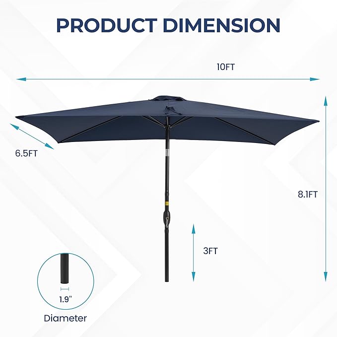 SUNVIVI OUTDOOR Patio Umbrella, 6.5' x 10' Rectangular Patio Umbrella, Metal Pole Square Outdoor Umbrella with Crank and Push Button Tilt, 6 Steel Ribs, Polyester Canopy