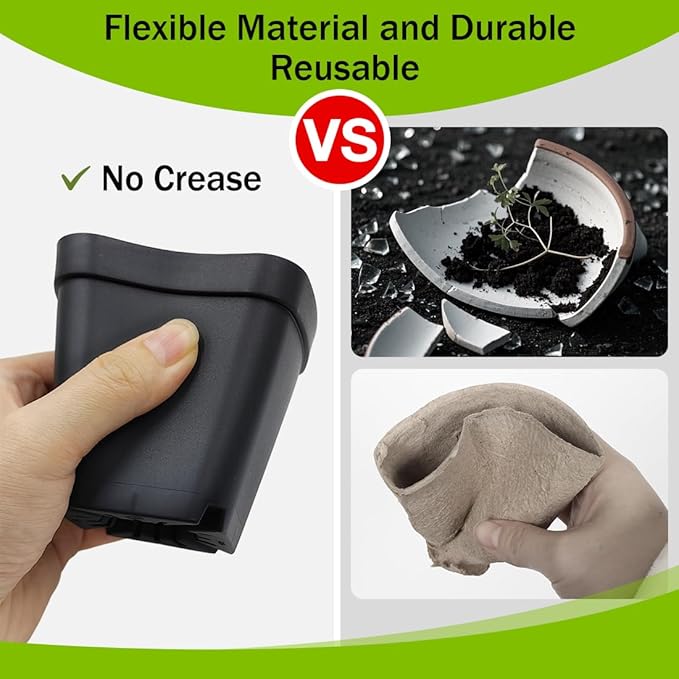 8 Cell Nursery Pots Trays 6 Pack (12" x 6"), 3 inch Square Plastic Nursery Pots 48 Pcs, Durable Carrying Seed Starter Tray, Planting Trays for Holding Small Seedling Pots with Drain Holes (Black)