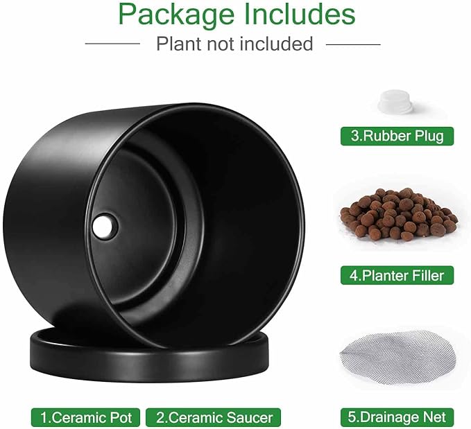 Aveyas 10 inch Ceramic Plant Pot with Drainage Hole and Saucer - Suitable for Indoor and Outdoor Use, Modern Planters for House Garden Flower Tree Snake Monstera Plants (10", Matte Black)