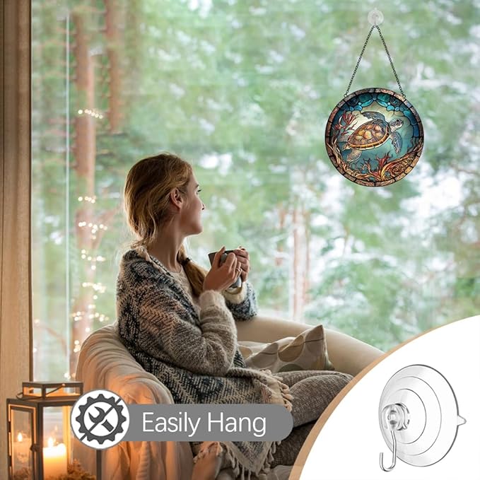 Sea Turtle Decor Suncatcher Stained Glass Window Hanging - Handmade Stained Glass Suncatchers Hangings with Hooks - Sea Art Glass Outdoor Garden Decor Gift for Women Him Valentines Day Birthday Gifts