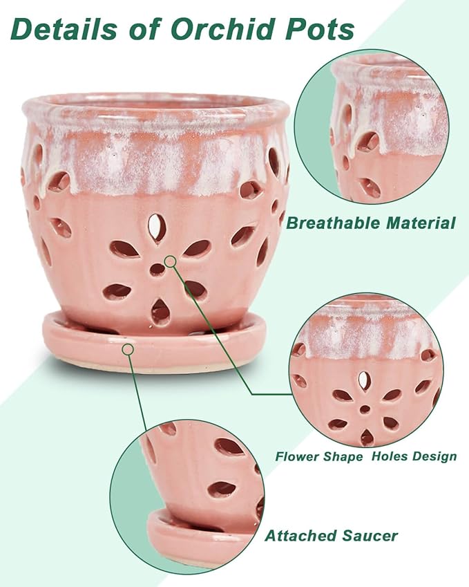 vensovo 5 Inch Ceramic Orchid Pots with Holes and Saucers - 1 Pcs Small Succulent Pot for Repotting, Garden Flowerpots for Plants Indoor and Outdoor Promotes Air Circulation, Pink