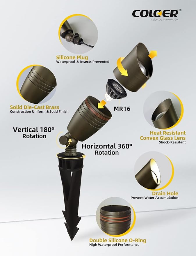 COLOER Brass Landscape Spotlights, 12 Pack Landscape Light Fixture with 5W Aluminum Housing MR16 LED Bulb 2700K 450LM, 12V AC/DC Low Voltage Outdoor Spot Lighting, Uplight for Garden and Patio(102B)