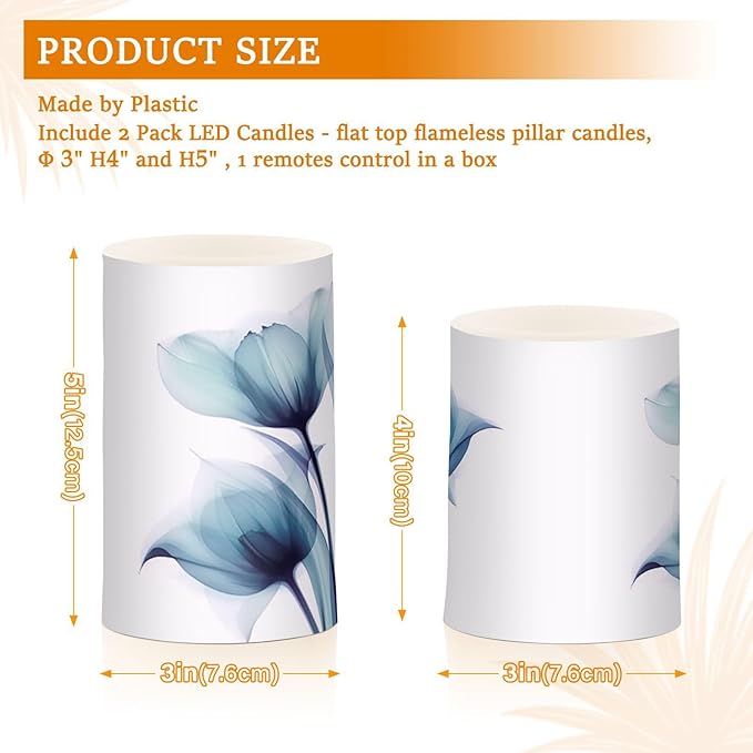 Flickering Flameless Candles, Blue Tulip Flower LED Candles with Remote Timer, Set of 2 Battery Operated Candle for Valentine Wedding Birthday