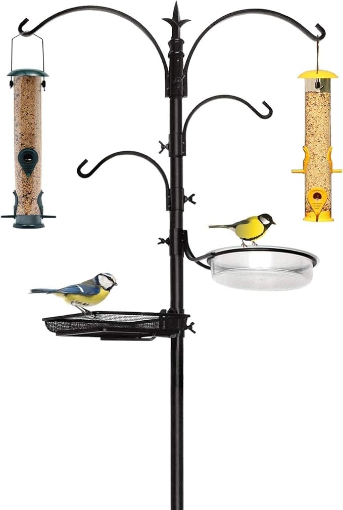 Premium Bird Feeding Station with 2 Bird Feeders Included for Outside - Multi Feeder Pole Stand Kit with 4 Hangers, Bird Bath and 5 Prong Base for Attracting Wild Birds - 22 Inch Wide x 91 Inch Tall
