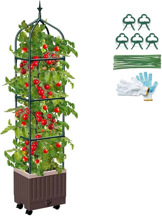 Raised Garden Bed Planter Boxes with Trellis,1pcs 70.9"Self-Watering Tomato Planter Boxes with Trellis for Climbing Vegetables Plants Flowers Tomato with Wheels,Use for Indoor Outdoor (Brown)
