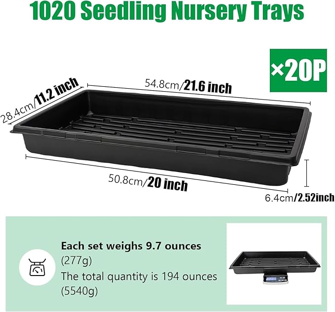 20 Pcs Plant Growing Nursery, Standard 1020 Trays Plastic Sturdy Farmer Self Seedling Tray for Microgreens Indoor Nursery Pots Transplantation (20-Pack, 21.6"×11.2", 2.52" Deep, no Holes)