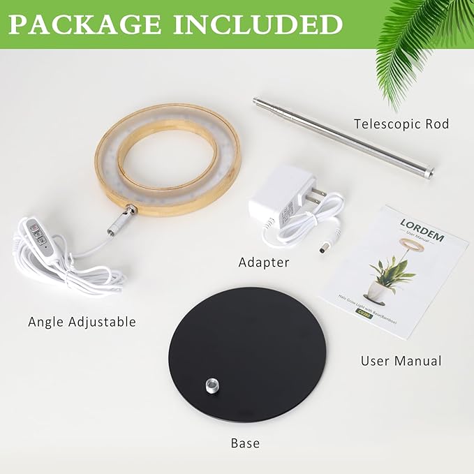 LORDEM Bamboo Grow Light for Indoor Plants, Full Spectrum Plant Light for Indoor Growing, Desk LED Grow Lamp with Auto On/Off Timer for 4H/8H/12H, 4 Dimmable Levels, Height Adjustable, 1 Pack