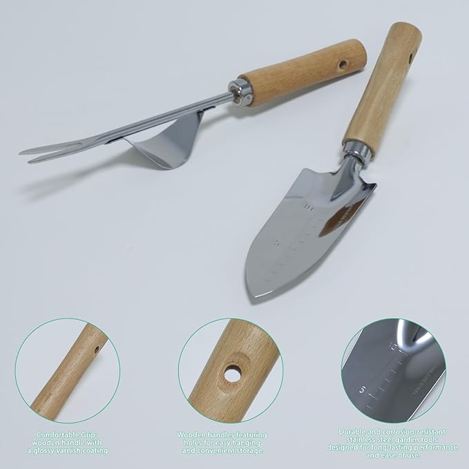 LeMotech Garden Tool Set, 2Pcs Gardening Hand Tools, Stainless Steel Transplant Shovel and Weeder with Beech Handle, Outdoor Gardening Kit for Women Men
