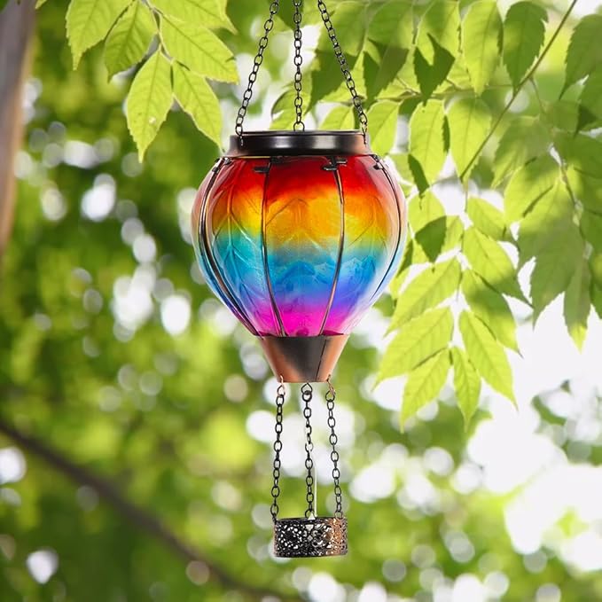 Starsoul Hot Air Balloon Solar Lantern with Candle Holder Solar Hot Air Balloon Flickering Flame Hanging Garden Light Waterproof Glass Hot Air Balloon Solar Lamp Decorative for Lawn Porch Tree Yard