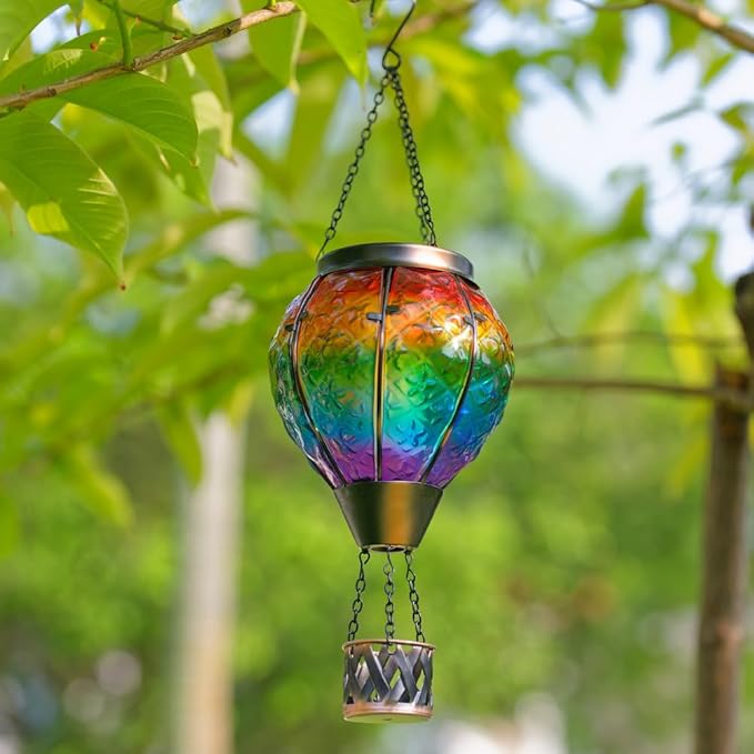 DREAMSOUL Rainbow Hot Air Balloon Solar Lantern, Metal & Glass With Flickering Flame, Hanging Waterproof Outdoor Lantern for Lawn, Patio, Tree Decor, Christmas Gifts