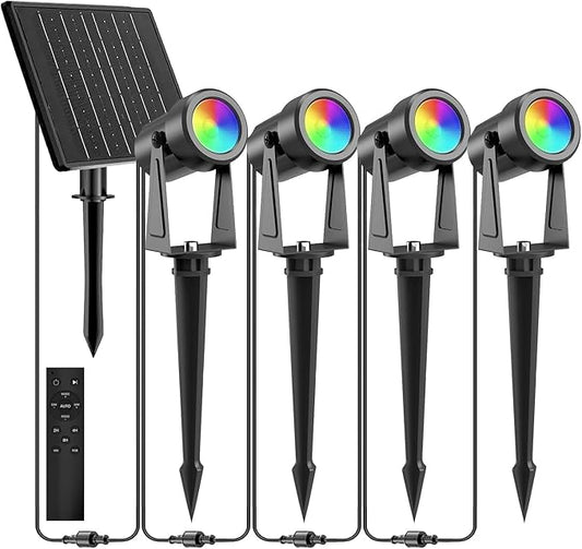 ZYAN Solar Spotlights Outdoor, Solar Landscape Lights with Remote Control, RGBW Colored Spot Lights for Yard, Garden, Lawn, Plant, Tree, Pool Areas, Auto On/Off, Dimmable & Waterproof (4 Pack)