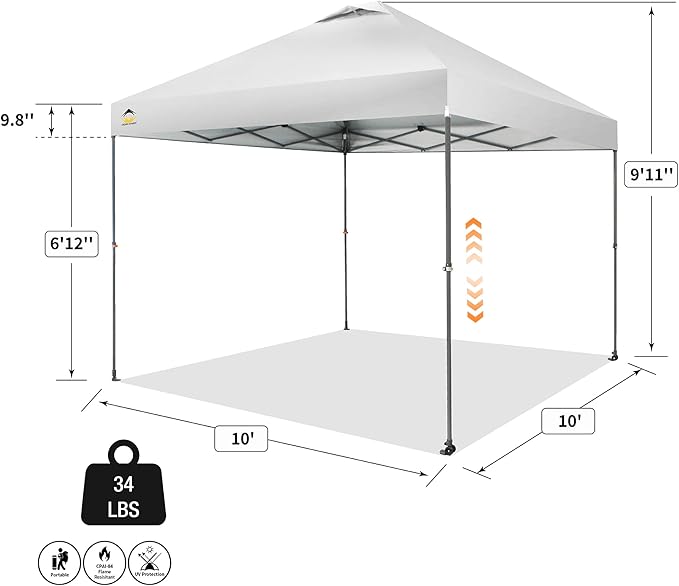 CROWN SHADES Adjustable Height on The Fly, 10x10 Pop Up Canopy - Beach Tent with One Push Setup - Easy Outdoor Sun Shade for Events, Parties, Camping - Outside Shade with STO-N-Go Bag, White
