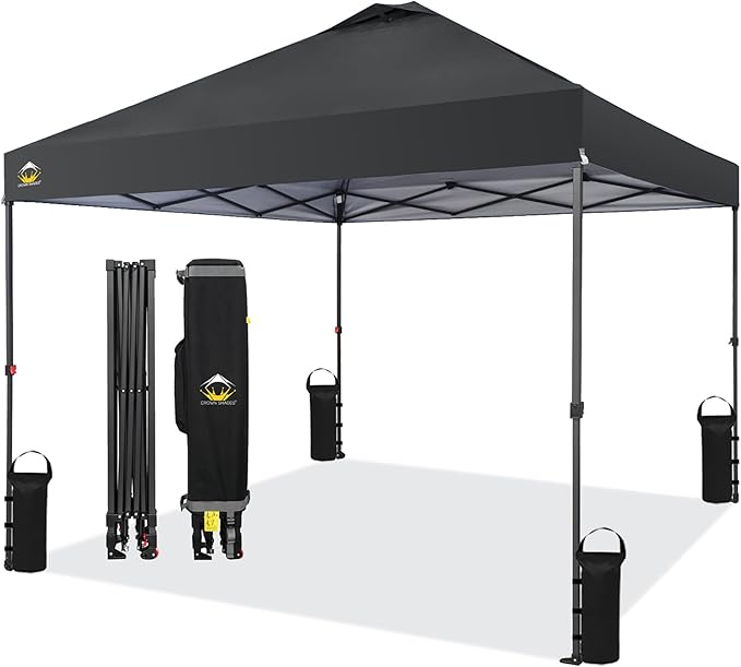 CROWN SHADES 10x10 Pop Up Canopy Tent - Patented Center Lock One Push Instant Outdoor Canopy Beach Tent with STO-N-Go Bag 8 Stakes & 4 Sand Bags，Black