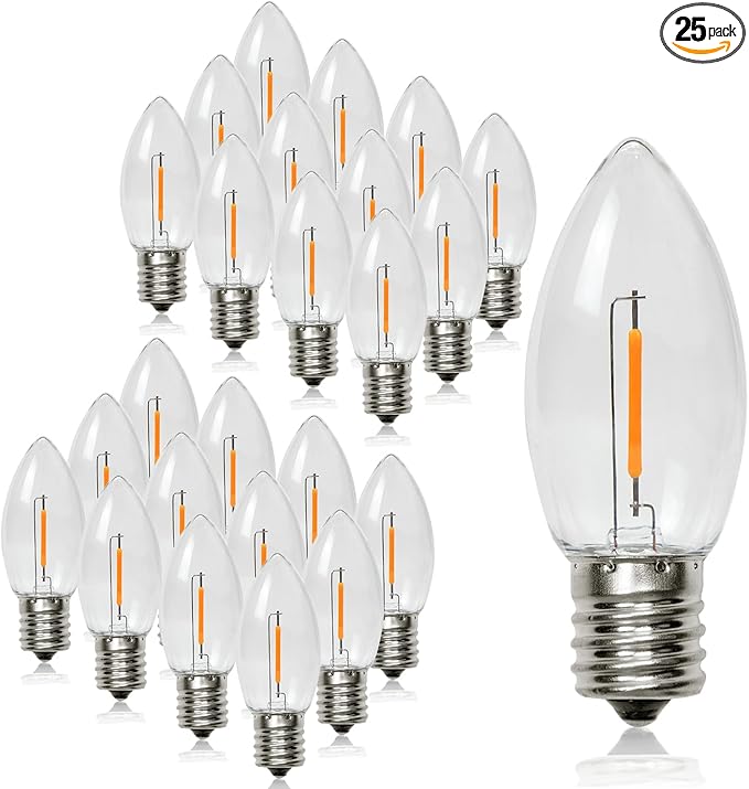 Waterproof C9 Replacement LED Light Bulbs –0.6W Equivalent to 7W, White Warm 2200K Outdoor String Lights E17 Base LED Light Bulbs, Clear Plastic, 25Pack