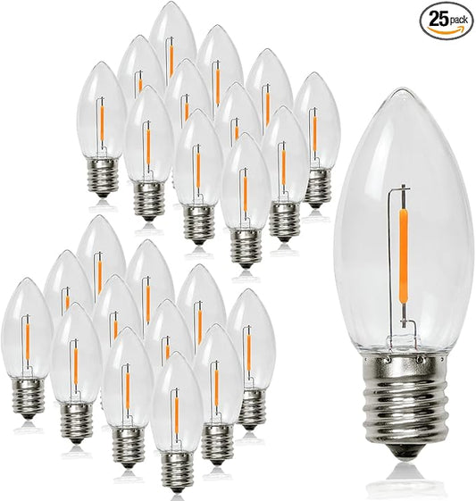 Waterproof C9 Replacement LED Light Bulbs –0.6W Equivalent to 7W, White Warm 2200K Outdoor String Lights E17 Base LED Light Bulbs, Clear Plastic, 25Pack