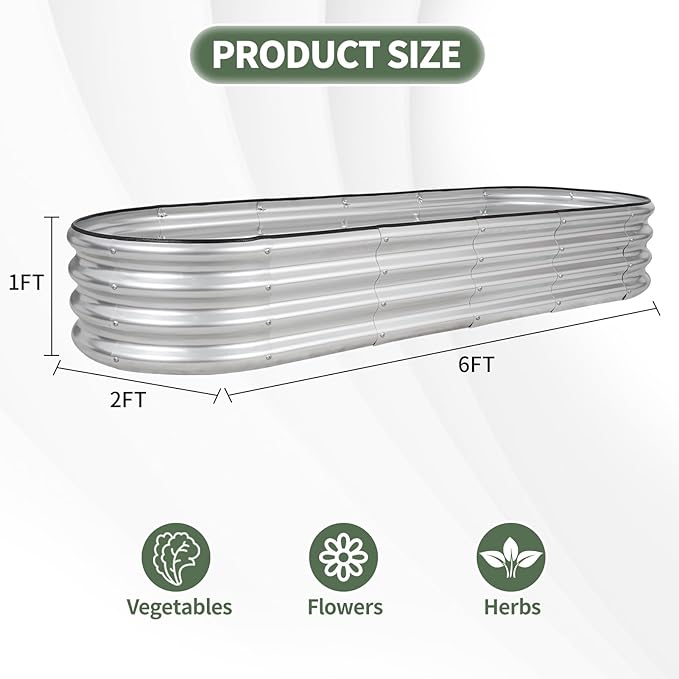 1MORE Galvanized Raised Garden Bed- Planter Garden Boxes Outdoor, Raised Beds for Gardening, 6x2x1ft Metal Garden Bed Kit for Vegetables Flower, Planter Raised Beds with Protective Tape & Tools.Silver