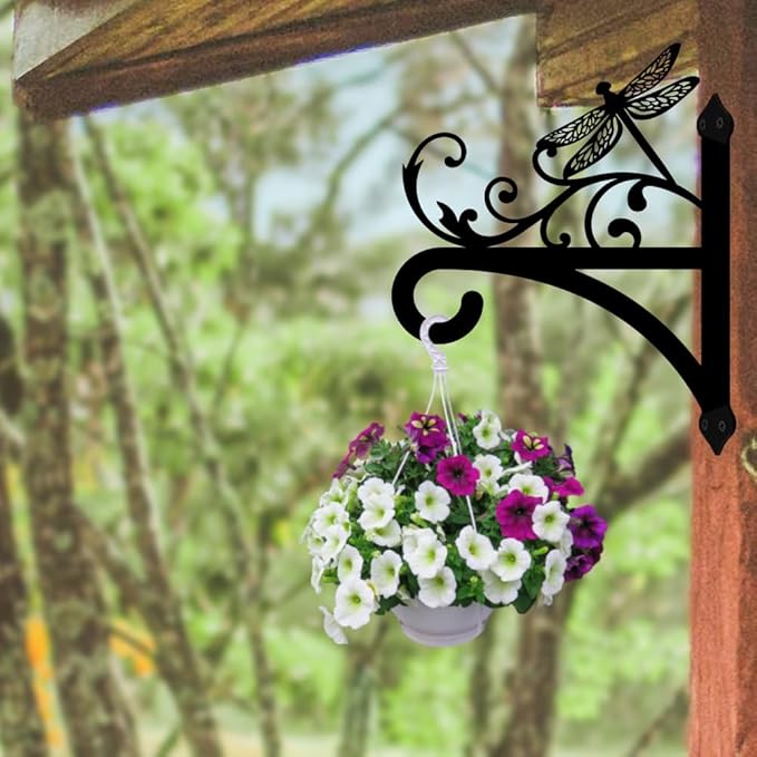 peacoblue Iron Plant Hangers Hooks for Outdoor Indoor Hanging Plants Flower Fern Pots Lantern Bird Feeder, 12"x15" Weather Resistant Metal Wall Holder for Porch Garden Farmhouse(Vintage Dragonfly)