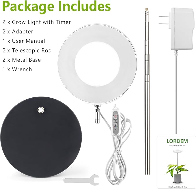 LORDEM Grow Light, LED Plant Light for Indoor Plants Growing, Full Spectrum Desk Growth Lamp with Automatic Timer for 4H/8H/12H, 4 Dimmable Levels, Height Adjustable 9.8"-30.6", Pack of 2