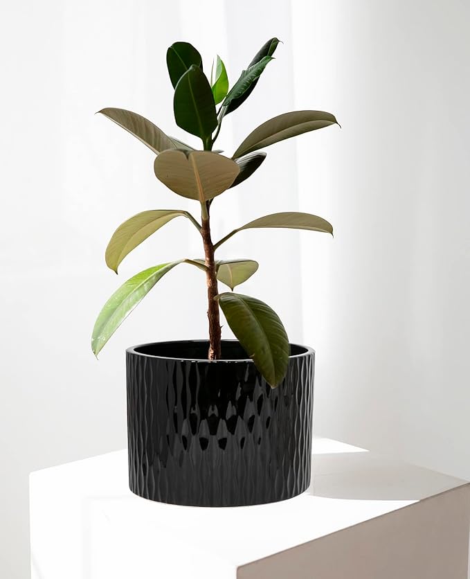 LaDoVita Ceramic Plant Pot with Stand, 10 Inch Planter with Wood Shelf, Modern Round Flower Pots Indoor with Wood Planter Holder, Black Water Ripple Pattern