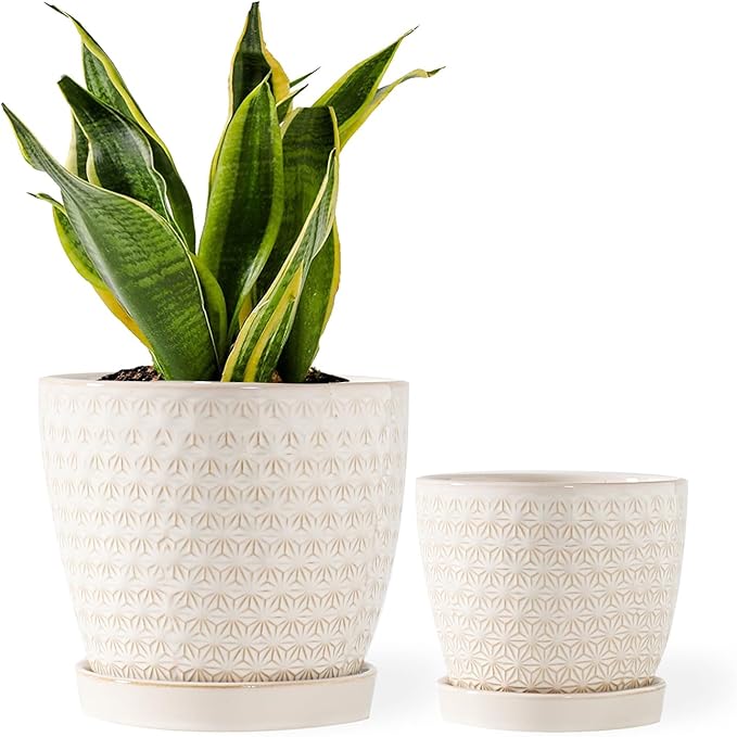 Plant Pots, Flower Pots, Planters for Indoor Plants(6.5+5.5inch), Flower Pots for Indoor Plants with Drainage Hole and Saucer, Ceramic Pots for Plants with Hole Mesh Pad,Reactive Glaze White