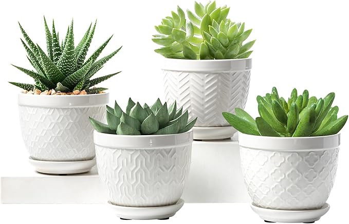 Sureasy Ceramic Plant Pots, 4.7 Inch Flower Pots for Indoor Plants, Succulent Pots with Saucer and Drainage Hole, Decorative Planter for Succulent, Cactus, Set of 4, White