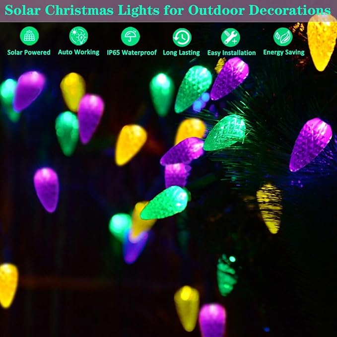 Solar Mardi Gras Lights - Yellow Green Purple Decor, 50 LEDs 8 Modes Waterproof Outdoor C6 Strawberry Garden for Camping, Holiday, Arbor, Fence, Balcony Decorations