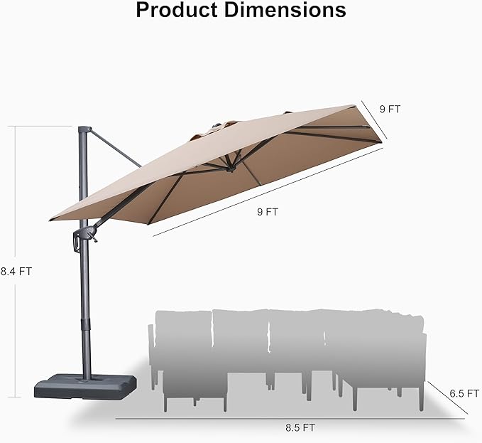 PURPLE LEAF 9 FT Cantilever Patio Umbrella Outdoor Aluminum Offset Square Umbrella with 3 Years Fade Resistance Recycled Fabric and 360-degree Rotation for Deck Pool Garden, Sand Dune